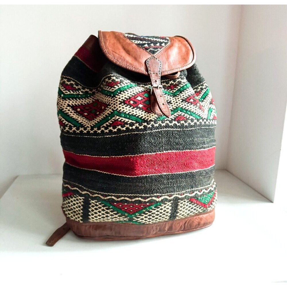 Vintage Handmade Ethnic Kilim Leather LArge Backpack